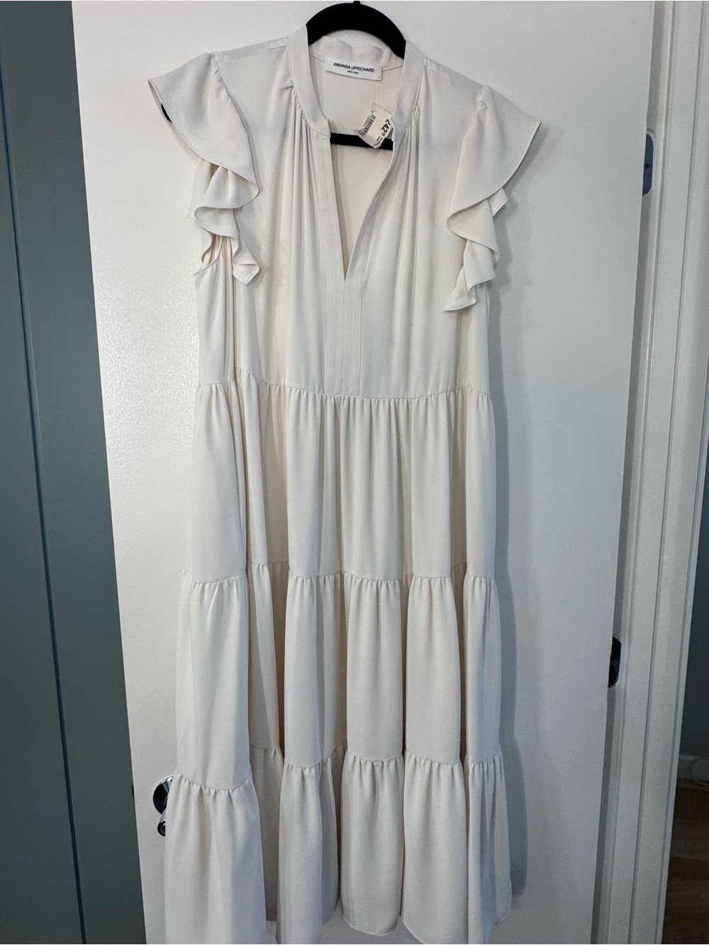 Amanda Uprichard Cream Tiered Ruffle Sleeve Maxi Dress